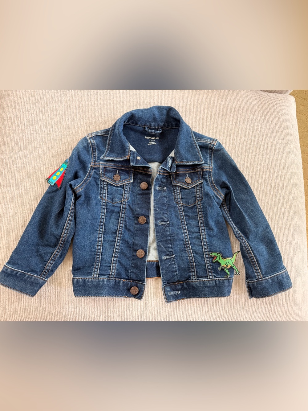 GAP Dark Blue Denim Jacket with Colorful Rocket and Green Dinosaur Patches 3T